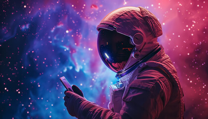 A man in a space suit is holding a cell phone