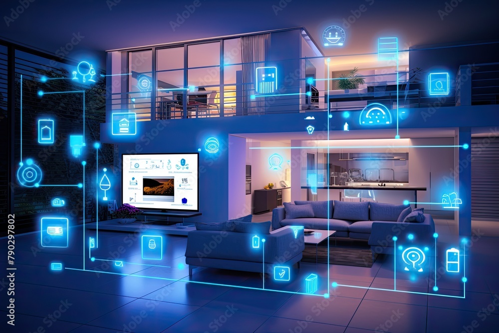 Fototapete digital home networking with holographic glowing icon, digital home connected with tech devices
