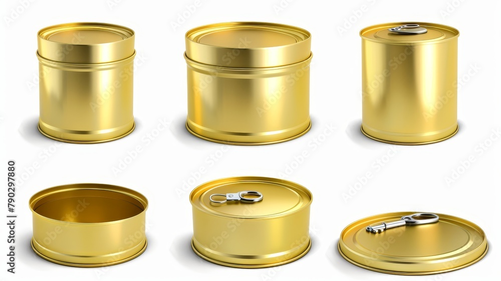 Poster authentic 3d modern set of gold tin cans with pull ring top and front views. closed and open empty y