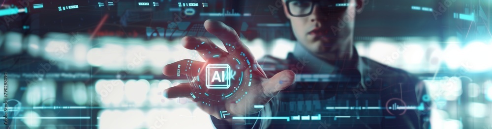 Poster The hand holding the processor conveys the idea of active human interaction with artificial intelligence in the future. Man and high technologies futuristic graphics. Wide banner