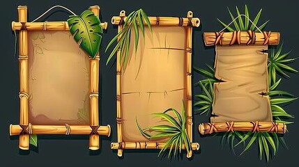 Bamboo frames with old parchment background, wooden planks, and palm trees. Different sized Hawaiian or Polynesian borders for huts, cartoon signboards, empty modern banners. - obrazy, fototapety, plakaty