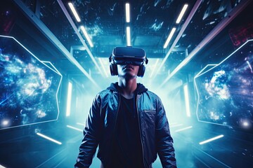 Person using vr and holographic world in the background, Man enjoying VR world