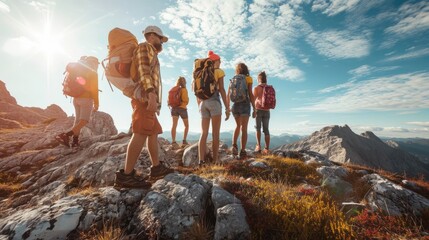 A group of friends on a hiking adventure, panoramic mountain views, capturing the spirit of friendship and exploration. Resplendent. - obrazy, fototapety, plakaty