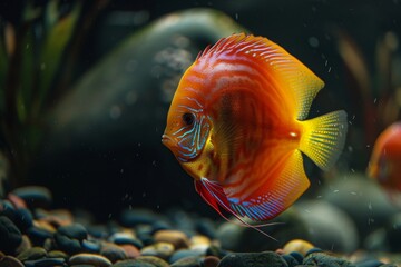 Discus fish gracefully roaming in verdant aquarium setting