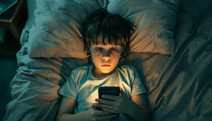 A young boy is lying in bed with a cell phone in his hand