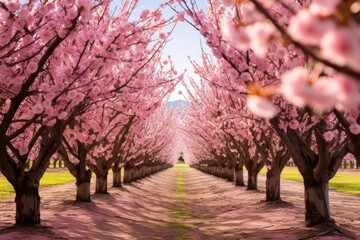 Spring cherry blossom path way with cherry blooming tree road