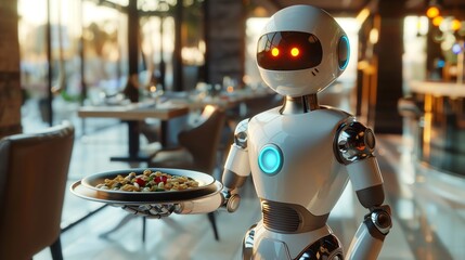 A robot waiter carries a tray of food and drinks in a restaurant