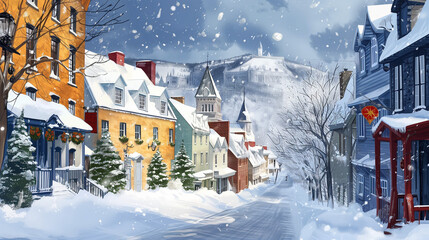 Quebec Winter Charm cartoon - obrazy, fototapety, plakaty