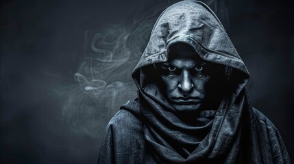 A man in a hooded cloak stands against a dark background with smoke in the air. The concept of mystery and darkness. Medieval or fantasy character. Illustration for varied design. - obrazy, fototapety, plakaty
