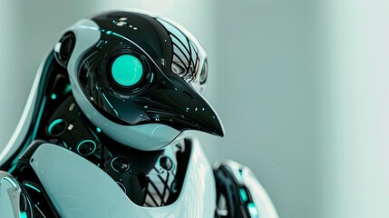 Fototapeta premium Falcon or hawk. A robotic bird with glowing eyes. Robot toy. Digital art. Illustration for cover, card, postcard, interior design, banner, poster, brochure or presentation.