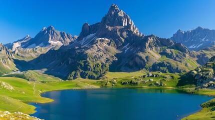 A small lake high in the mountains surrounded by green meadows. Natural background. Illustration for cover, card, postcard, interior design, banner, poster, brochure or presentation.