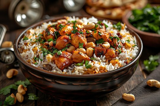 A bowl of bosition rice with chicken and cashew nuts, pipis on the side, sitting next to some flat headlights and an Indian dish made from thin pancakes called parathas