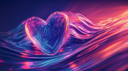 A heart shape floats in a glowing wave of glass or plastic. The image is romantic and dreamy. Concept of love, charity, philanthropy and donation. Illustration for cover, card, interior design, etc. - obrazy, fototapety, plakaty