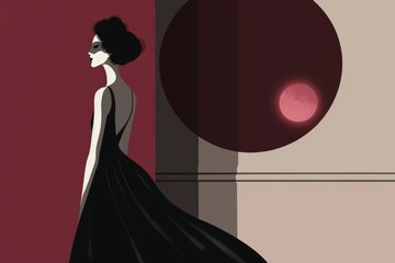 An illustration of a woman cloaked in darkness against a crimson curtain, evoking mystery and gothic allure for book covers and cultural features.