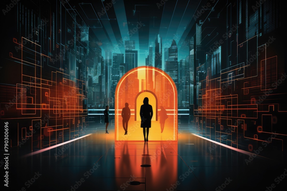Leinwandbilder person standing behind vr holographic background with security, hacking security background in holog