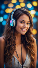 Trendy stunning young woman smiling wearing a bikini and headphones with a beautiful bokeh background