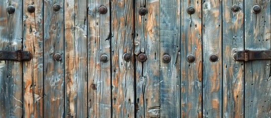 A weathered wooden door with rivets and a corroded handle