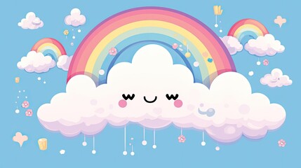 Beautiful vector of rainbow with cute clouds on sky