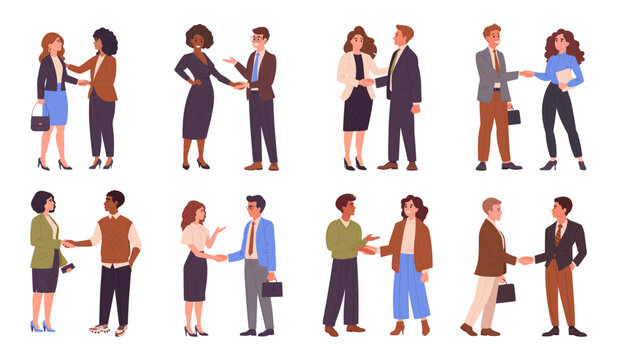 Business people handshake. Office characters shaking hands, agreement or greeting gesture flat vector illustration set. Businessmen shaking hands after successful negotiations
