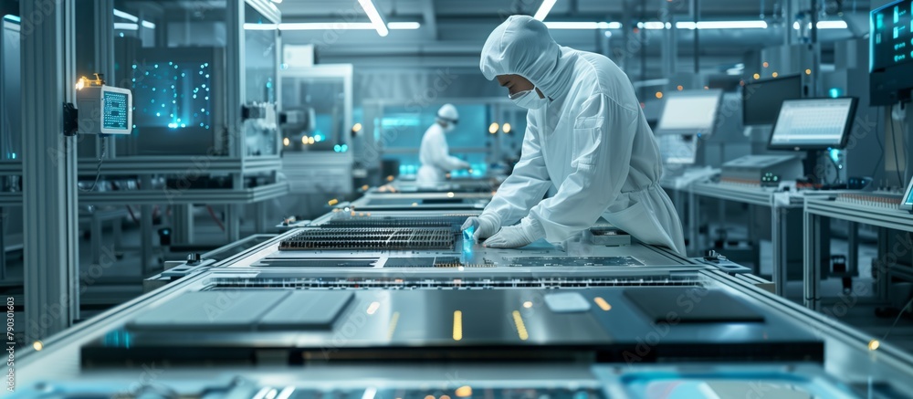 Poster a technician in the lab scans the surface of a semiconductor wafer to assess the structure and quali