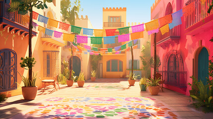 street in the town, A festive outdoor scene:papel picado banners crisscrossing above a lively courtyard, casting playful shadows on sun-kissed walls. - obrazy, fototapety, plakaty