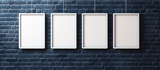 Three white frames on brick wall
