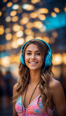 Trendy stunning young woman smiling wearing a bikini and headphones with a beautiful bokeh background