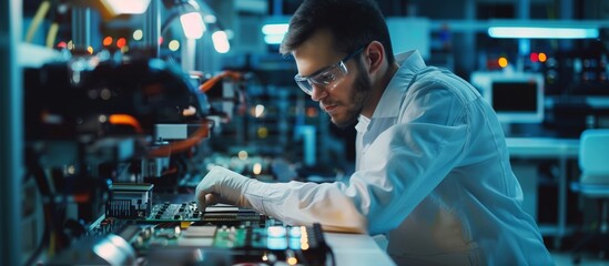 A technician conducts research to improve semiconductor manufacturing technologies in order to reduce power consumption and increase productivity in a technical laboratory - obrazy, fototapety, plakaty