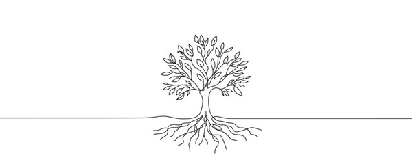 tree in one line. Graphic vector illustration of a continuous line drawing of a tree with roots