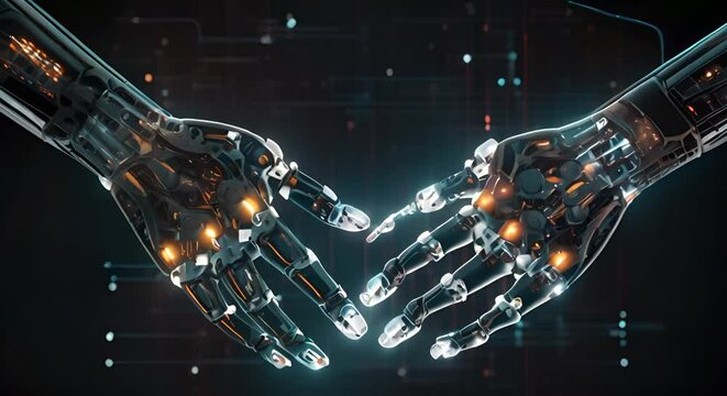 Machine learning AI, Hands of robot and human touching on big data network connection background, Science and artificial intelligence technology, innovation and futuristic.
