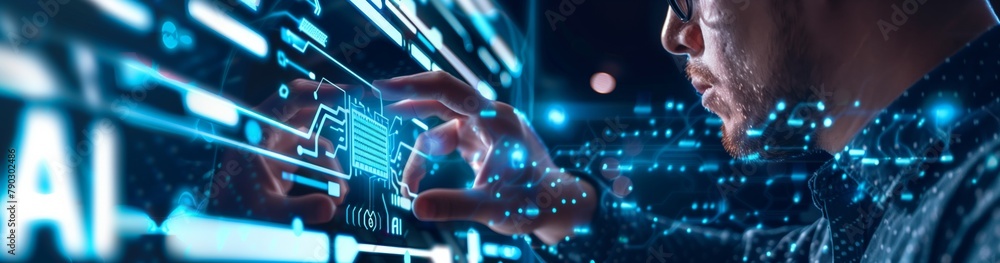 Poster The image demonstrates the interaction between humans and artificial intelligence in the field of software and algorithm development, which leads to the creation of new technologies and solutions.