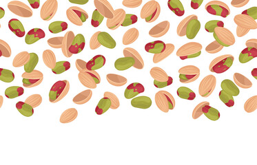 Cartoon pistachio nuts background. Falling pistachios pattern, salty popping nuts snack flat vector backdrop illustration. Testy flying pistachio nuts on white