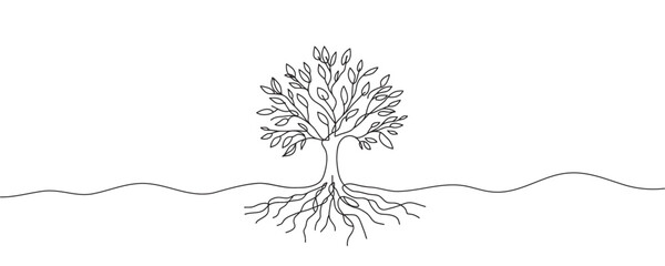 tree in one line. Graphic vector illustration of a continuous line drawing of a tree with roots