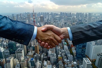 Businessmen handshaking with Tokyo city background, success concept, close up