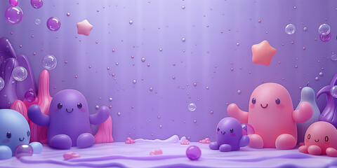 Süße Figuren und Bubbles in pink und lila als Hintergrundmotiv und Druckvorlage für Tapeten im Kinderzimmer, ai generativ - obrazy, fototapety, plakaty