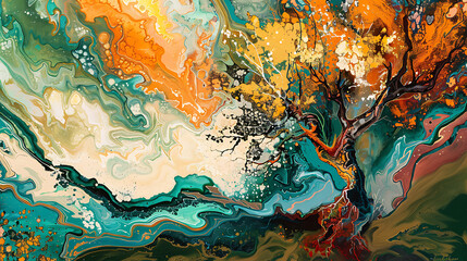 
Whirlwind of Seasons
A tree stands at the vortex of a swirling fusion of seasons, where fiery autumn meets the verdant calm. - obrazy, fototapety, plakaty