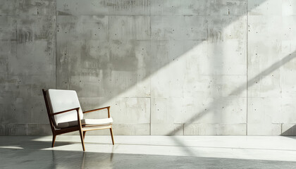 A wooden chair is sitting in front of a wall