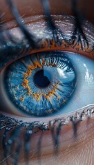 A close-up of an eye with a blue iris, looking directly at the camera