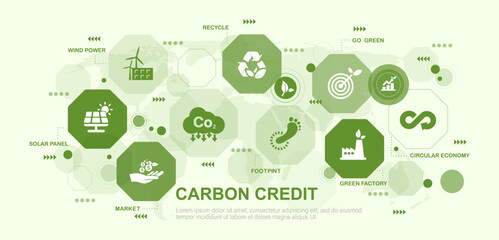 Fototapeta na wymiar Carbon credits Concept. about the amount of greenhouse gases for the environment and reducing carbon dioxide emissions in various industrial sectors. Green icons vector illustration.