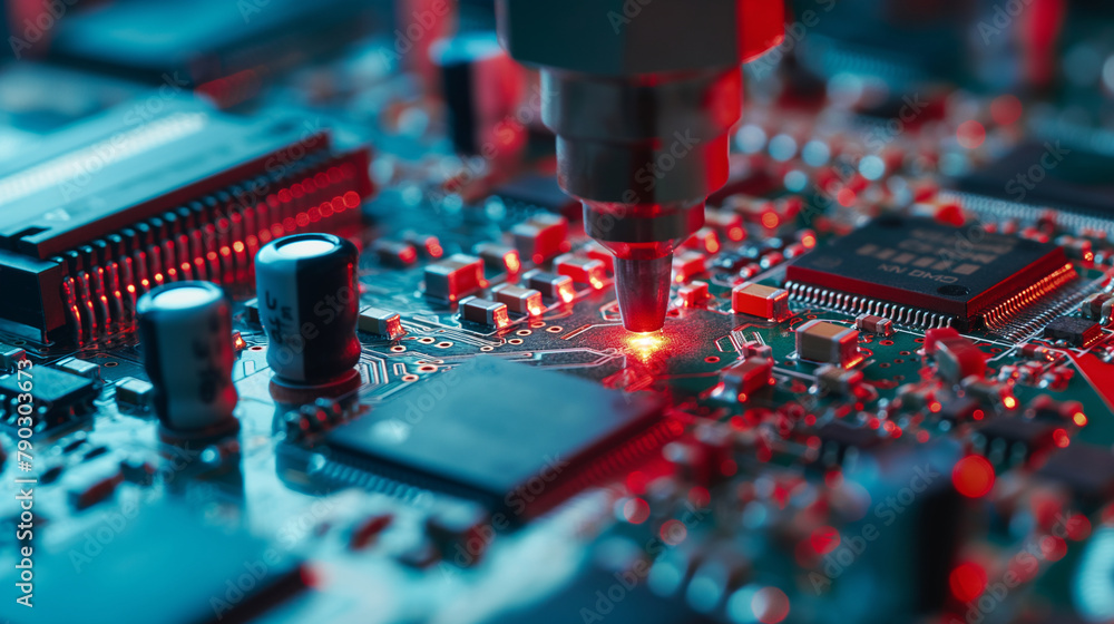 Poster the automated assembly line integrates ai-enhanced microchips onto circuit boards, showcasing intric