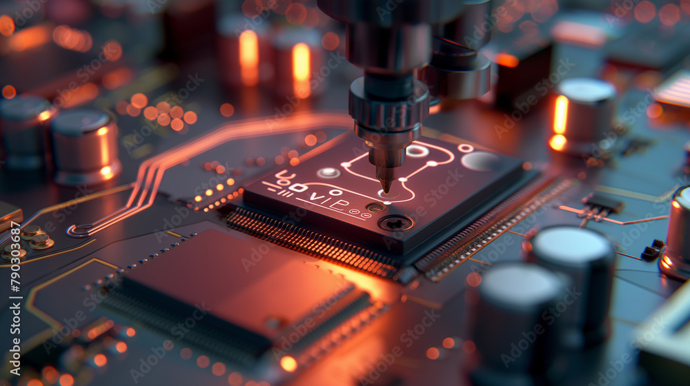 Aufkleber a close-up view of ai-controlled chip testing equipment, analyzing functionality and performance met
