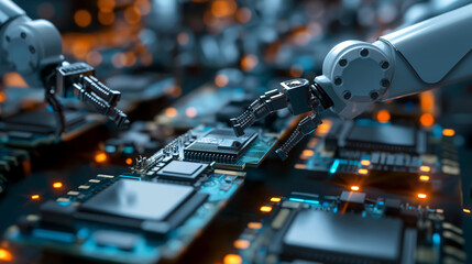 A detailed view of robotic pick-and-place systems placing semiconductor components onto circuit boards, with AI-enabled chips featuring intricate designs and identifiers in extreme - obrazy, fototapety, plakaty
