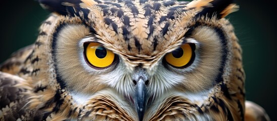 A mesmerizing owl with vivid yellow eyes against a dark backdrop