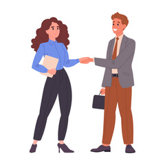 Office colleagues shaking hands. Business deal handshake, male and female business people handshake flat vector illustration. Business deal handshake scene