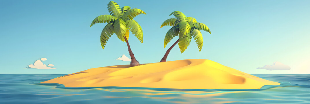 desert island with 2 palm trees and yellow sand