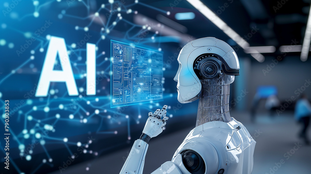 Poster standing in a tech showroom, a developer presents a humanoid robot bearing the 