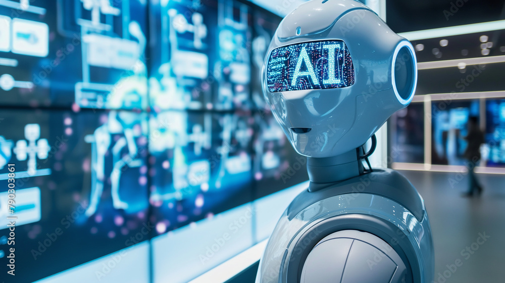 Poster standing in a tech showroom, a developer presents a humanoid robot bearing the 