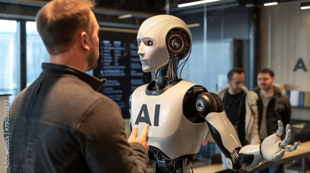 Poster in a bustling innovation hub, an inventor showcases a humanoid robot donning the unmistakable 
