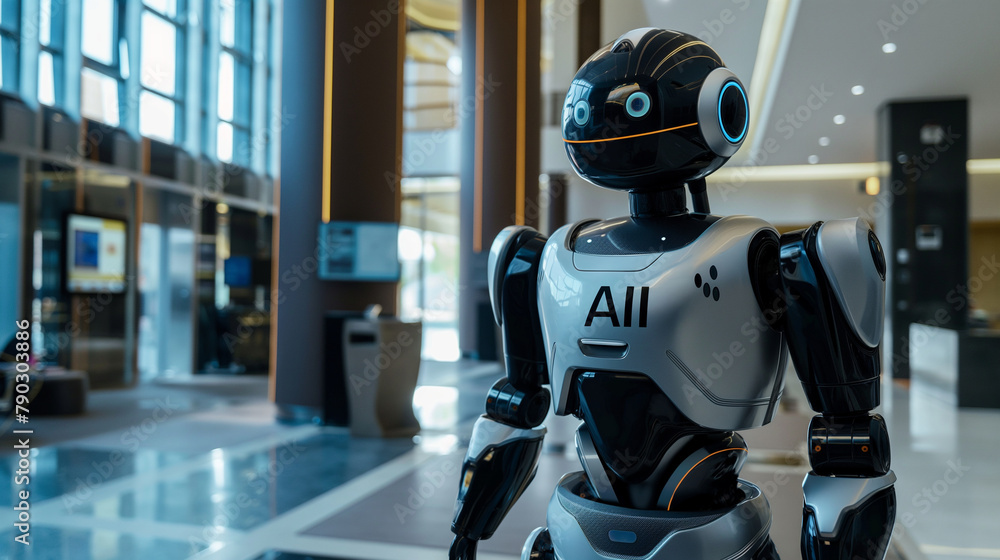 Poster in a bustling innovation hub, an inventor showcases a humanoid robot donning the unmistakable 