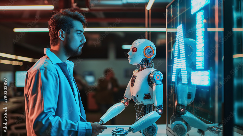 Poster in an innovative startup environment, an entrepreneur discusses the potential of ai-driven robotics 